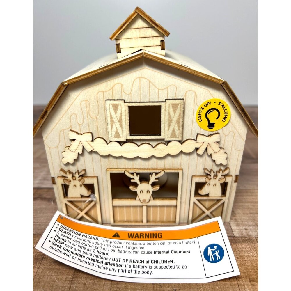 Wooden LED Light-Up Laser Cut Christmas Barn  With Deer Can Be Painted Or Natura